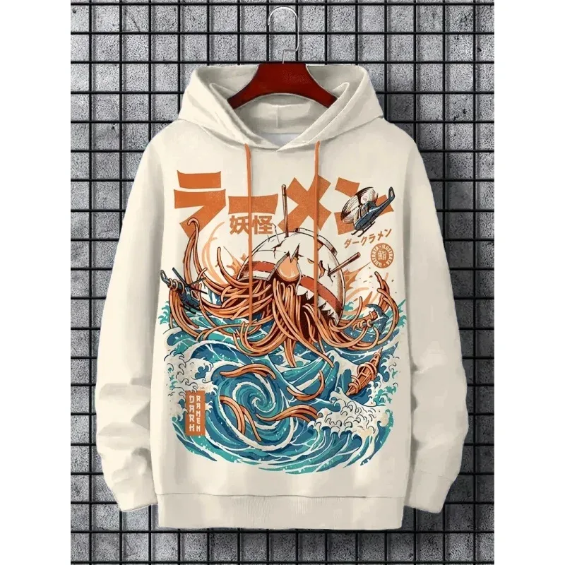 3d impresso ondas macarrão moletom com capuz para homens legal lobo padrão manga longa topos moletom casual harajuku pulôver solto hoodies