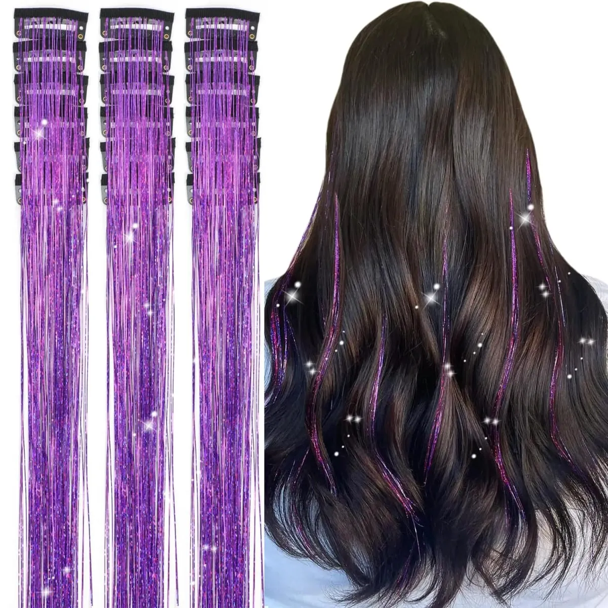20 นิ้ว Glitter Tinsel Hair Extensions พร้อมคลิป 6 ชิ้น/เซ็ตสังเคราะห์คลิปใน Sparkle Fairy อุปกรณ์เสริมผมสำหรับเด็กผู้หญิง — image 8