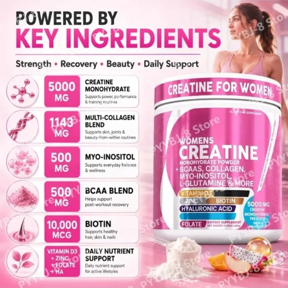 ผู้หญิง Creatine Monohydrate Powder 5000mg BCAA Multi-Collagen Biotin วิตามิน D3 Tropical Orange กีฬาโภชนาการ 30 เสิร์ฟ — image 4