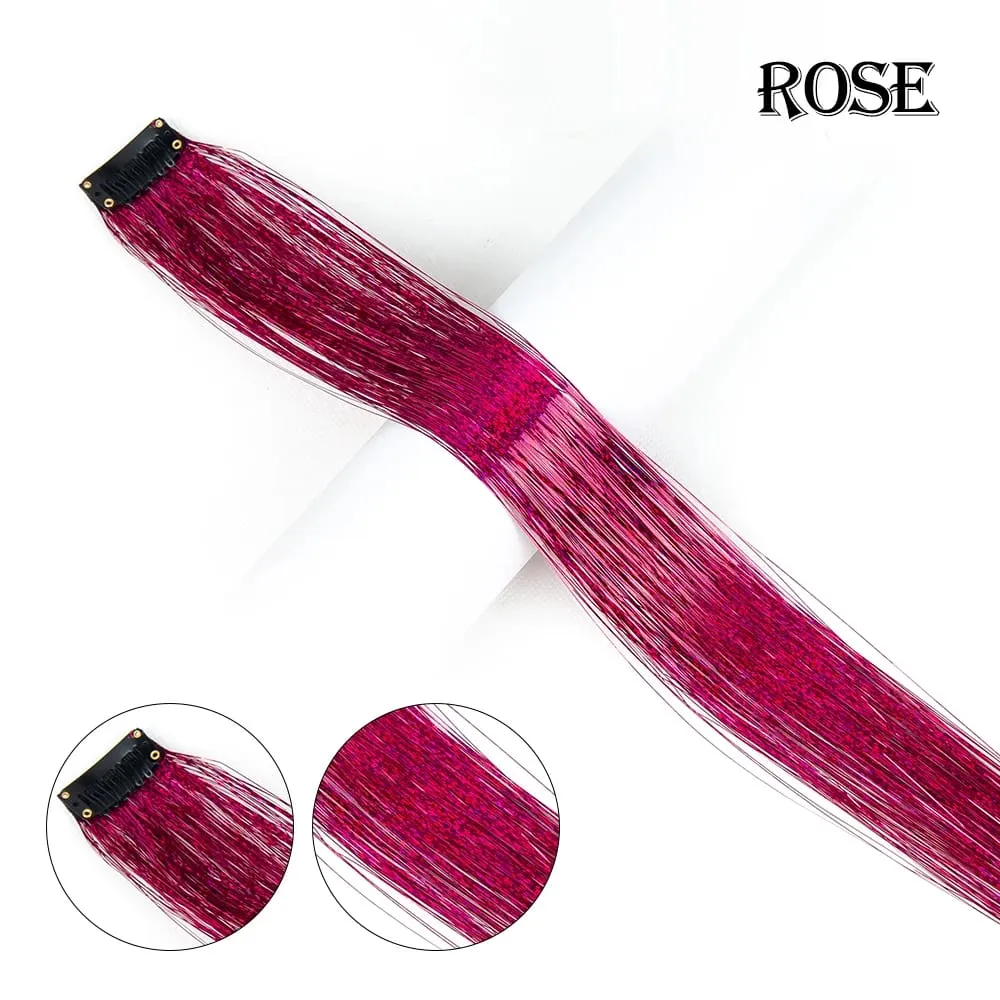 Punti salienti della festa color arcobaleno dritto Clip nelle estensioni dei capelli Pezzo di capelli scintillante Posticci sintetici Rosso scintillante — image 14