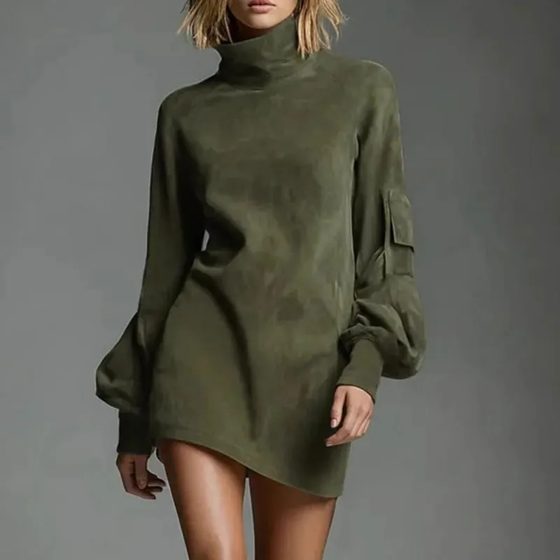 Autumn Retro Solid Suede Mini Short Dresses Sexy Turtleneck Slim Woman Pullover Dress Winter Long Sleeve Pockets Female Clothing — image 5