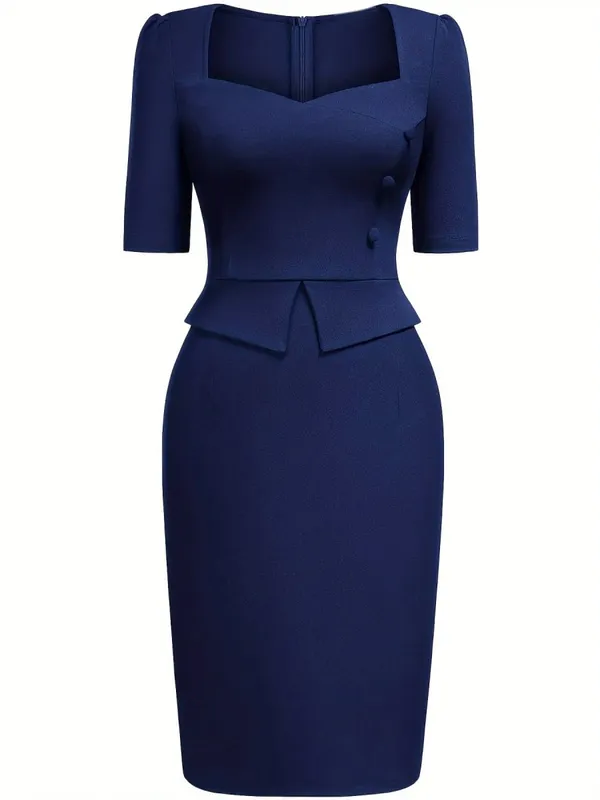 Kvinders Elegant SquareNeck Kortærmet Arbejdskontor Knælængde Solid Business Casual Fest Peplum Pencil Bodycon Skede Kjole