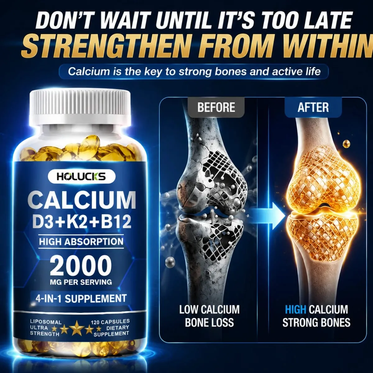 Suplemen Kalsium dengan Vitamin D3 K2 Menyokong Tulang Otot GigiKesihatan Menambah Sendi Penyerapan Kalsium — image 2