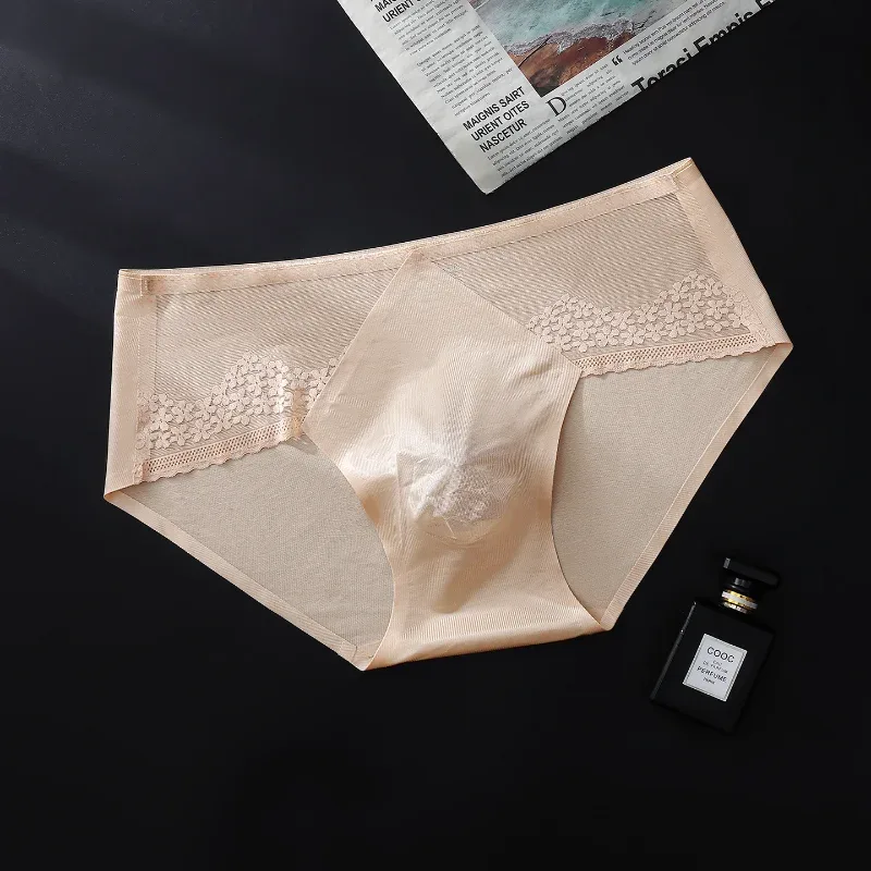 Men Briefs Summer Ultra-Thin Ice Silk Panties 3D Stamping Silk Splicing Lace See Through Underwear Seamless Sissy Underpants — image 2