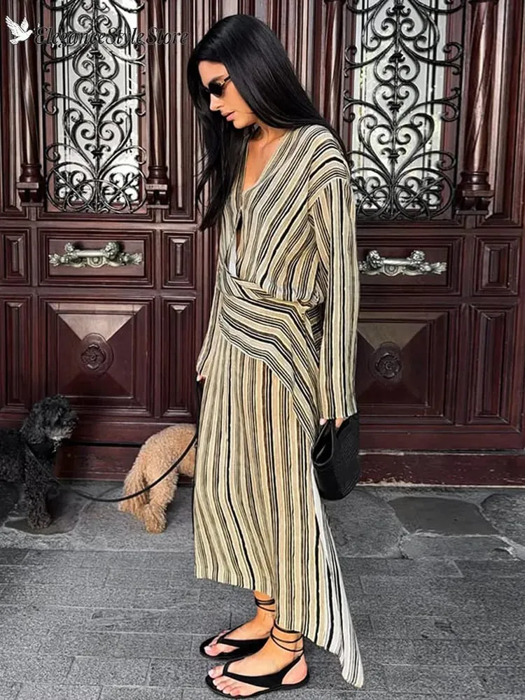 Casual Stripe Maxi ชุดเดรสผู้หญิงหลวมแขนยาวคอวีลึกข้อเท้าความยาวชุด 2026 ใหม่สุภาพสตรีฤดูร้อนวันหยุดชายหาดชุด — image 2