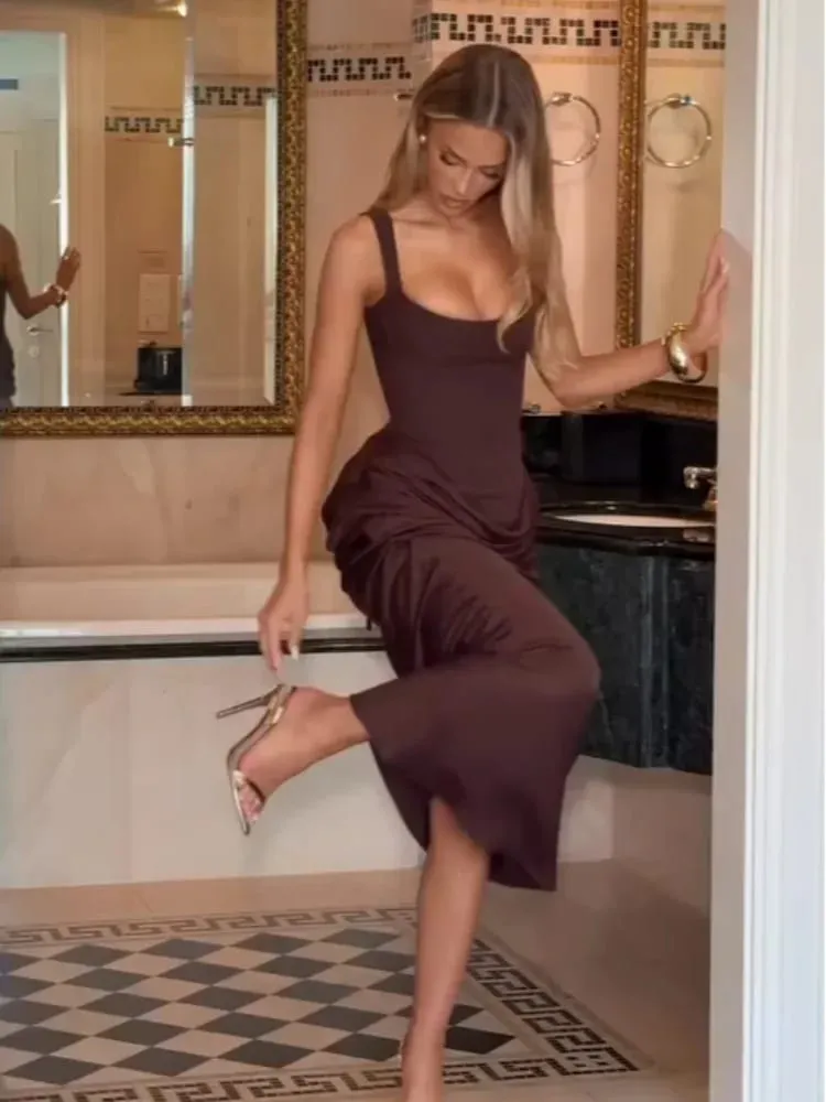 จีบชุดสลิงสแควร์คอปิดไหล่เอว Cinching Slim ชุดสตรีแฟชั่นชุดราตรีชุดราตรี 2025 — image 3