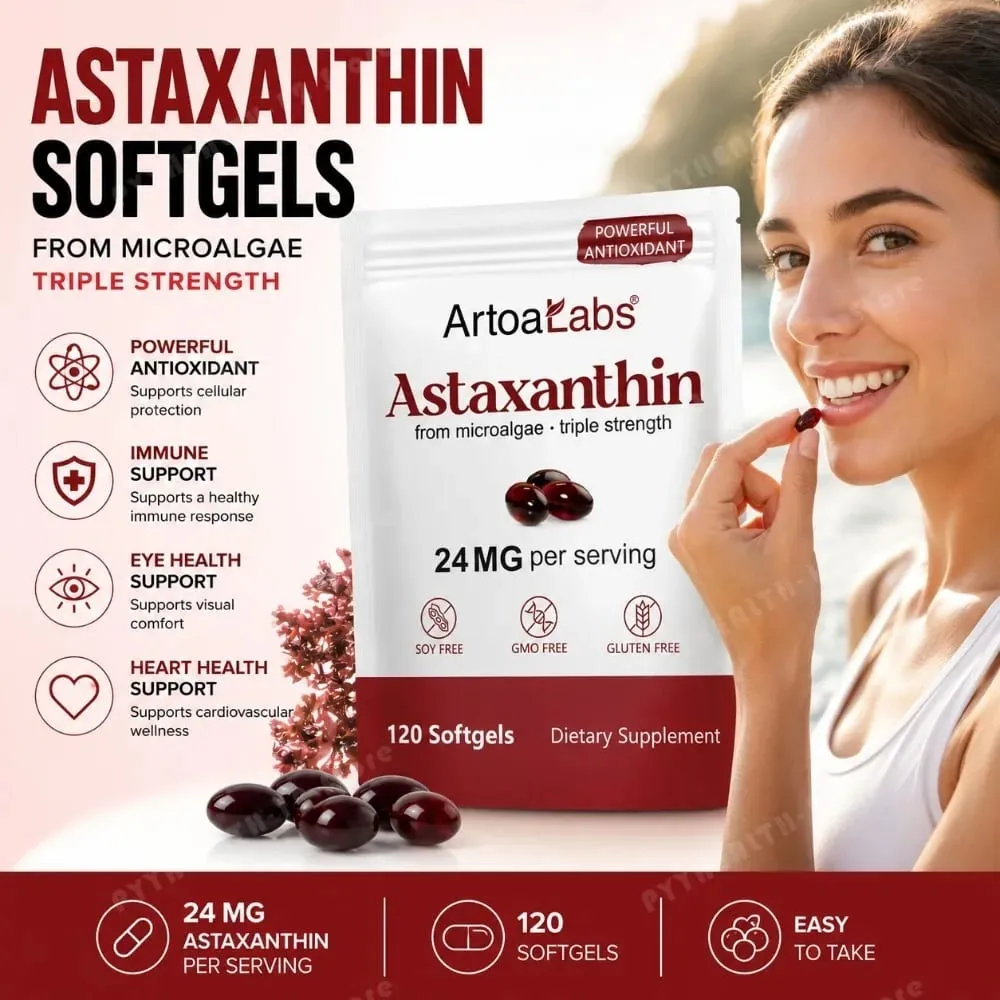 Astaxanthine Softgels 24 mg Triple force puissant antioxydant soutien de la santé des yeux microalgues sans soja sans gluten 120 unités — image 2