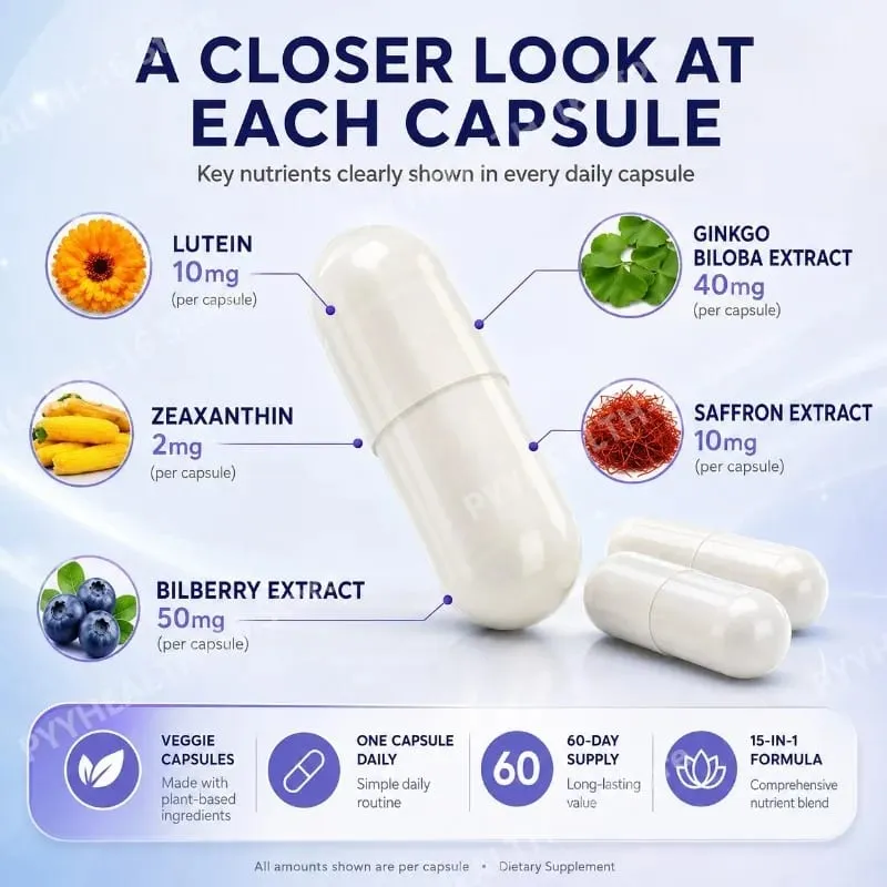 Premium 15-in-1 Advanced Eye Formula mit Lutein, Zeaxanthin, Astaxanthin, Heidelbeere und Safran, unterstützt das Wohlbefinden der Augen, 60 Kapseln — image 5