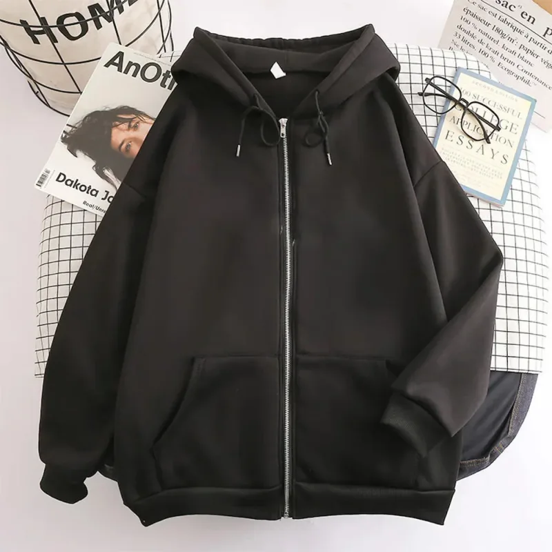 High Street Hoodie Men Solid Color Zip Up Long Sleeve Loose Jacket Coats Casual Hooded Sweatshirt Y2K Fashion Outdoor Clothes — image 2