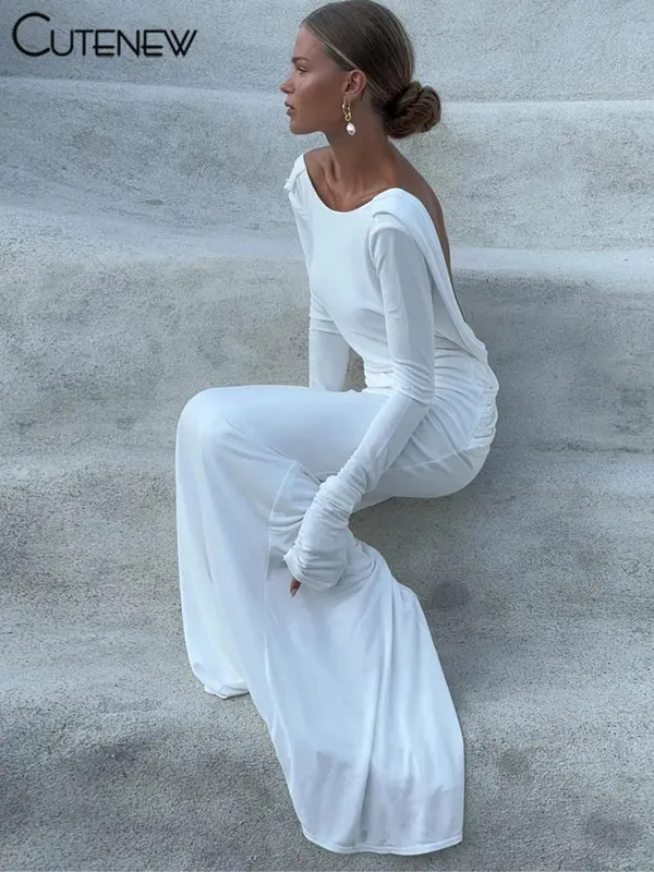 Cutew High Street Wanita Maxi Dresses Klasik Solid Backless Sarung Lengan Penuh Jubah Ringkas Wanita Elegan Jamuan Vestidos — image 1