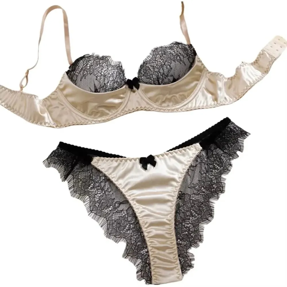 Kain Satin Bulu Mata Renda Patchwork Ultra Tipis Bergaris Bra Set Pakaian Dalam dengan Berkawat Pakaian Dalam Seksi Wanita Bra — image 2