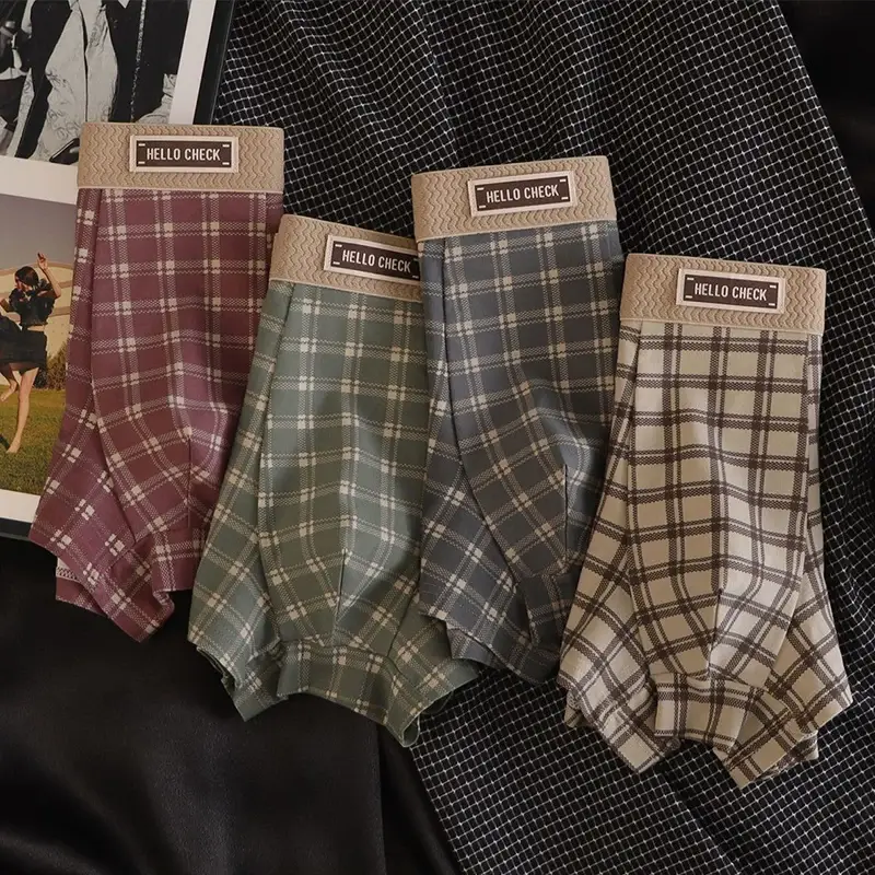 Shorts boxer retrô estampado xadrez masculino de 4 peças, roupa íntima macia, confortável e respirável, shorts boxer sem costura masculino — image 3