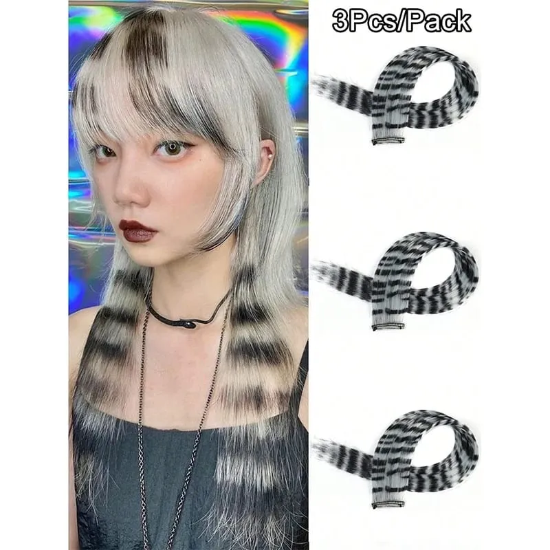 3 pezzi estensioni dei capelli con stampa leopardata striscia sintetica pezzo di capelli stampato clip lunga e dritta colorata nei capelli per le donne ragazze festa — image 14