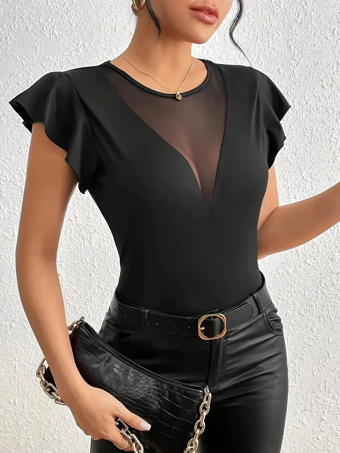 Sexet Deep V Sheer Mesh Patchwork Flutter Sleeve Slim Fit Bodysuit