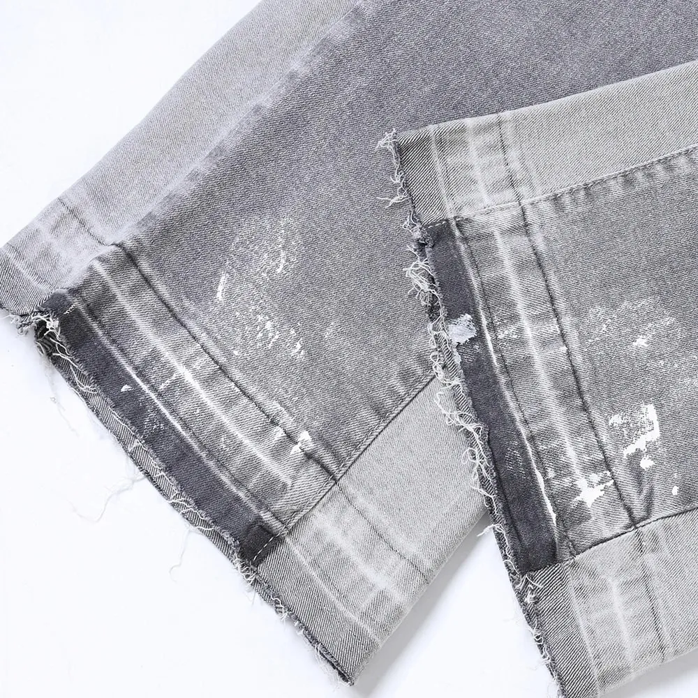 ผู้ชายทาสี Flared Denim กางเกงยีนส์ Spliced Slim Boot Cut กางเกง Vintage ผ้าฝ้ายสีเทาเปิดตัว Hem กางเกง — image 5