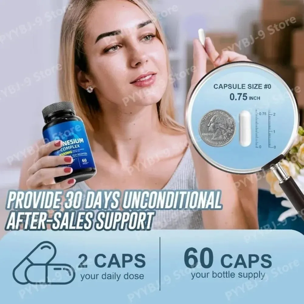Magnesium 7-Complex Capsules 1000mg with B6 D3 Zinc High Absorption Vegan Formula for Muscle Nerve Bone Heart Support 60 Count — image 6