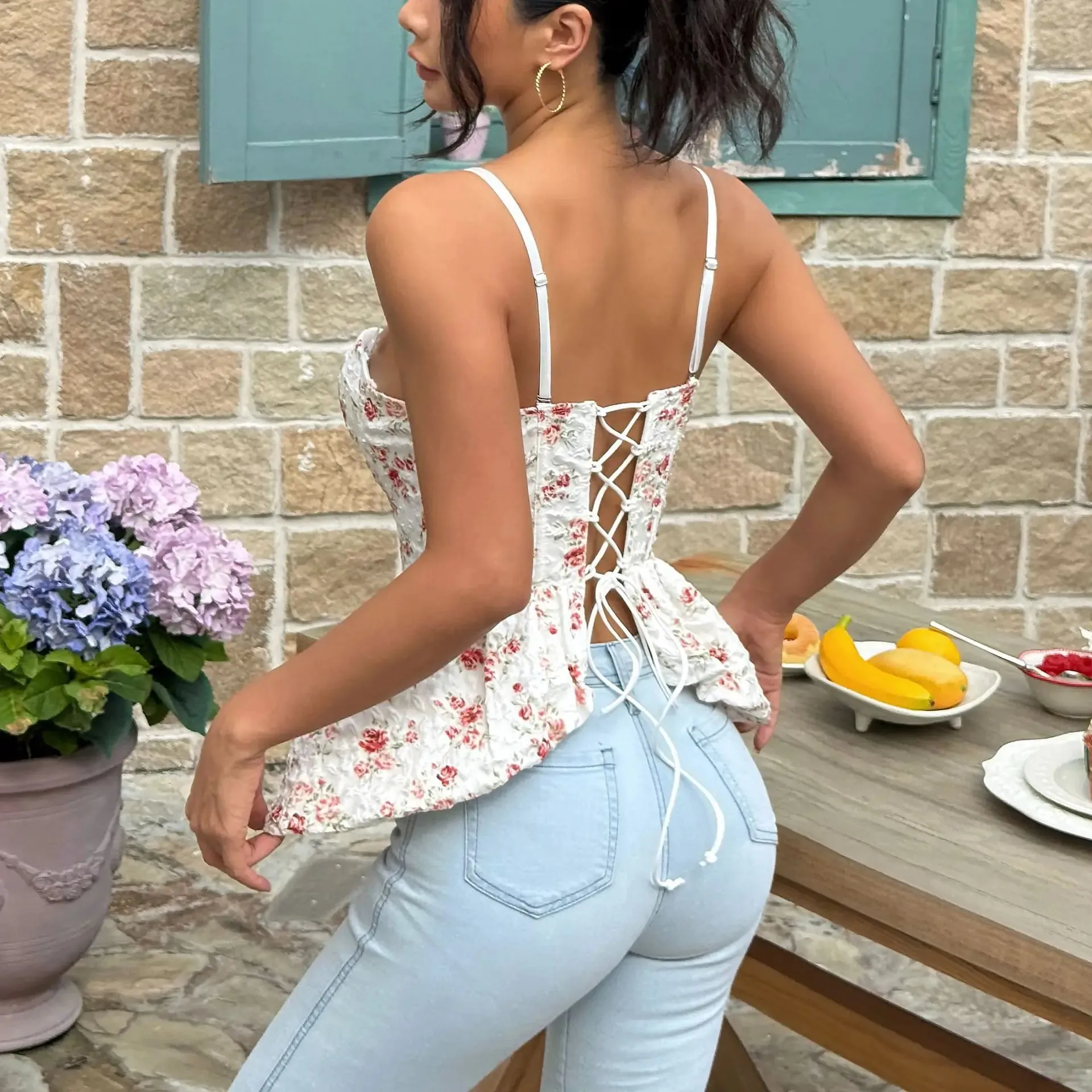 สไตล์ฝรั่งเศสพิมพ์ Hotsweet Corset TOP ผู้หญิงสายคล้องคอ Shapewear Bohe Camis Strapless Floral Holiday Beach Top — image 8