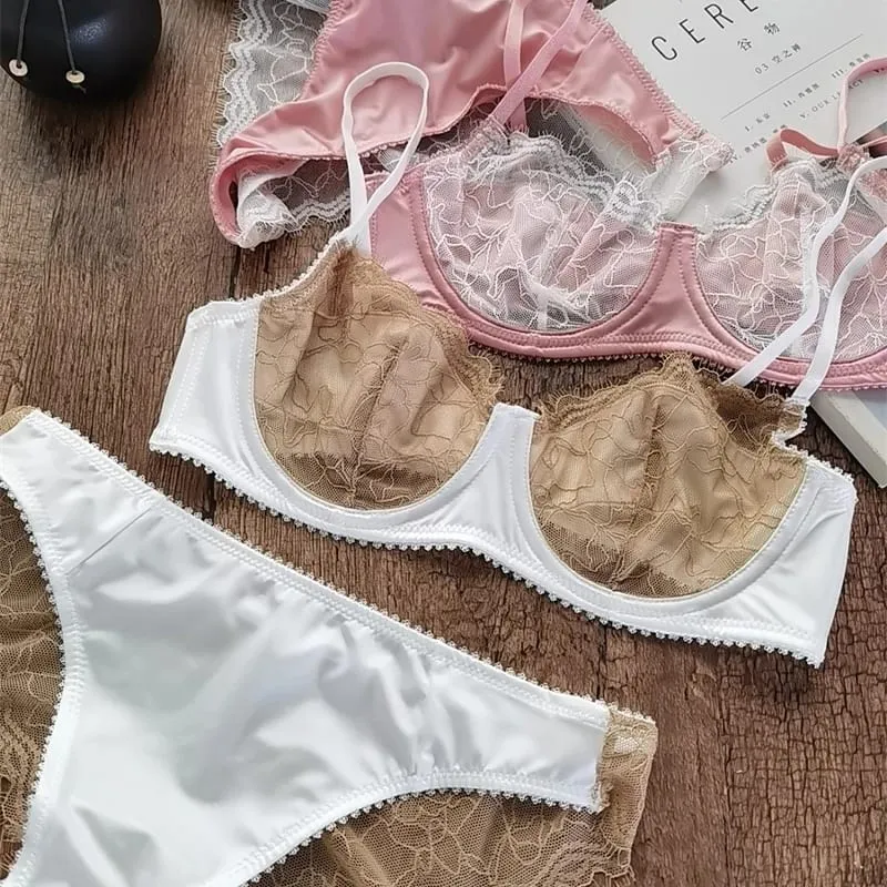 ผู้หญิงเซ็กซี่ชุดชั้นในชุดภาษาฝรั่งเศสคำ Ultra Thin Bra ชุด Patchwork ผ้าไหมชุดชั้นในสบาย Breathable Underwie Bras และกางเกงชุด — image 1