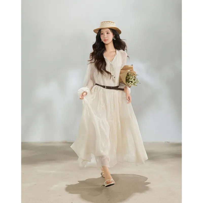 Robe Maxi brodée à manches longues avec ceinture, en mousseline de soie unie, à volants, col en V, cravate, couleur unie, printemps 2026, MXF14L2562