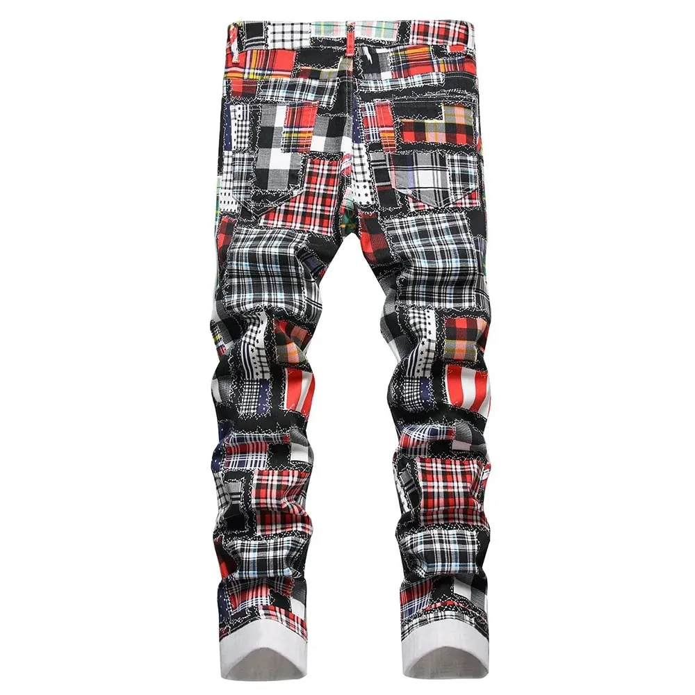 Jeans da uomo con stampa digitale scozzese Toppe alla moda Pantaloni in denim elasticizzato patchwork Pantaloni dritti slim — image 2