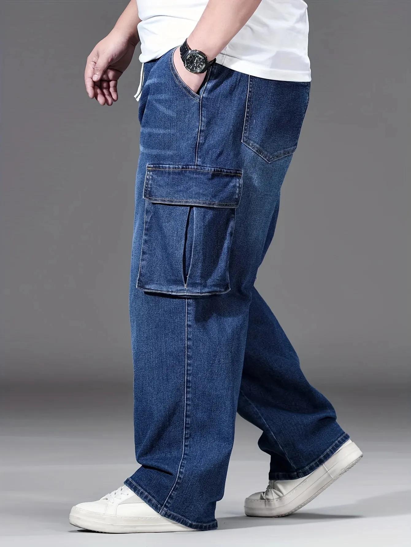 2026 nya män oversized jeans hög midja elastisk dragsko Stretch Baggy jeansbyxor Casual Mångsidiga byxor i plusstorlek