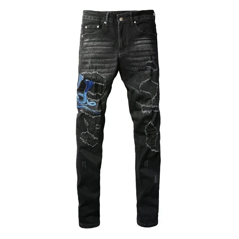 ผู้ชายงูเย็บปักถักร้อยกางเกงยีนส์ Streetwear หนัง Patch ยืดกางเกงยีนส์ Skinny กางเกง Ripped Distreesed กางเกงดินสอ — image 2