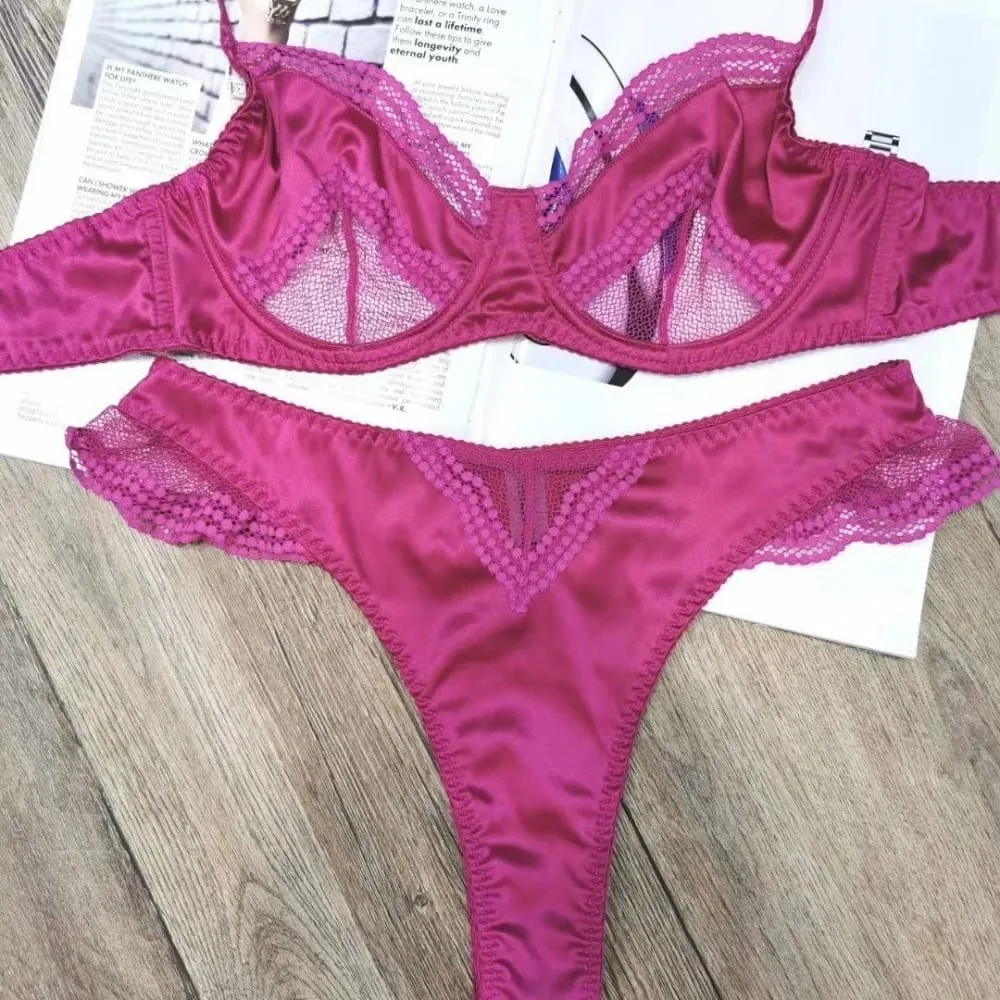 Reggiseno da donna in rete di raso con giunture in pizzo ultra sottile minimizzatore anti-abbassamento supporto morbido lingerie per ragazze 32‑38AB completo — image 4
