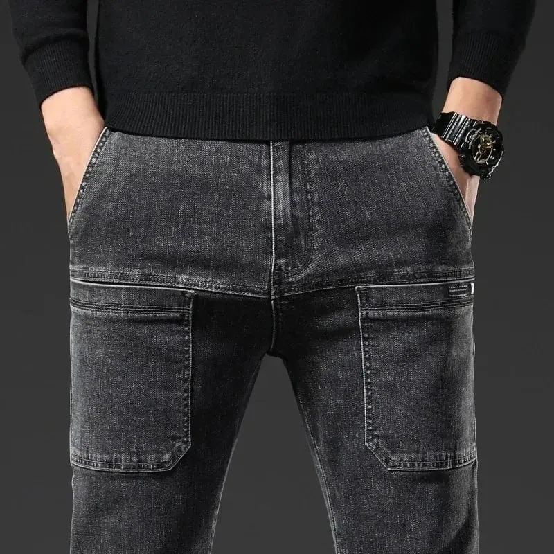 İlkbahar Yaz Ince Altı Cep erkek Kot Elastik Düz Bacak Rahat Slim Fit Kot Çok Yönlü Çok Cep Uzun Y2K Denim Pantolon