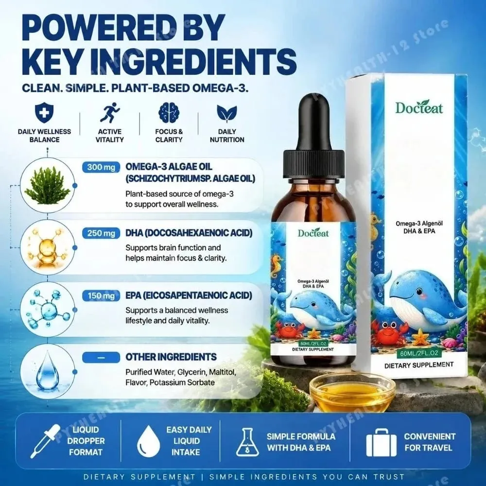 Docteat Rostlinný olej z omega-3 řas DHA EPA tekuté kapky Dětské zdraví mozku Vegan Denní výživa bez GMO Pomeranč 60 porcí