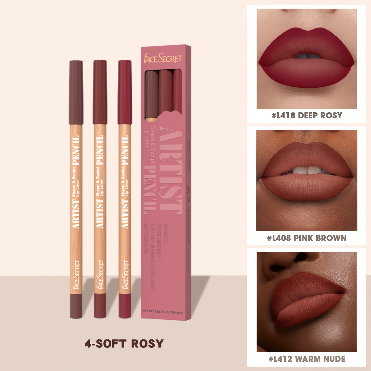 Face Secret 3 ชิ้นชุด Nude Lip Liner Natural Matte ยาวนานกันน้ำสูงสี Hook Line ดินสอเขียนขอบปากแต่งหน้า — image 10