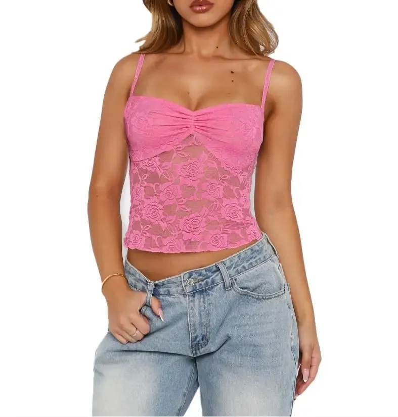 Haut caraco en dentelle d'été pour femmes, sans manches, froncé sur le devant, couleur unie, débardeur Slim Fit