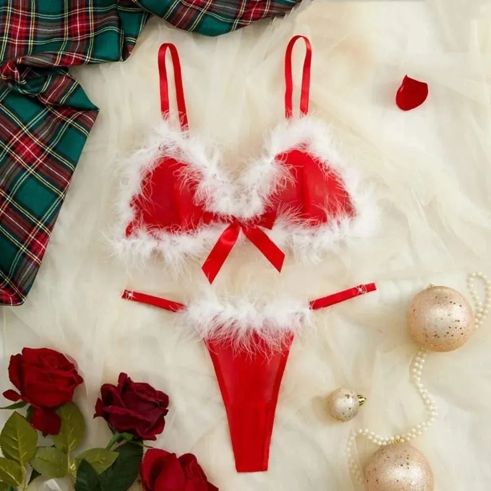 Pakaian dalam wanita berbulu Set Lingerie dekorasi pita nirkabel celana dalam Bra transparan jaring intim romantis setelan ulang tahun — image 5