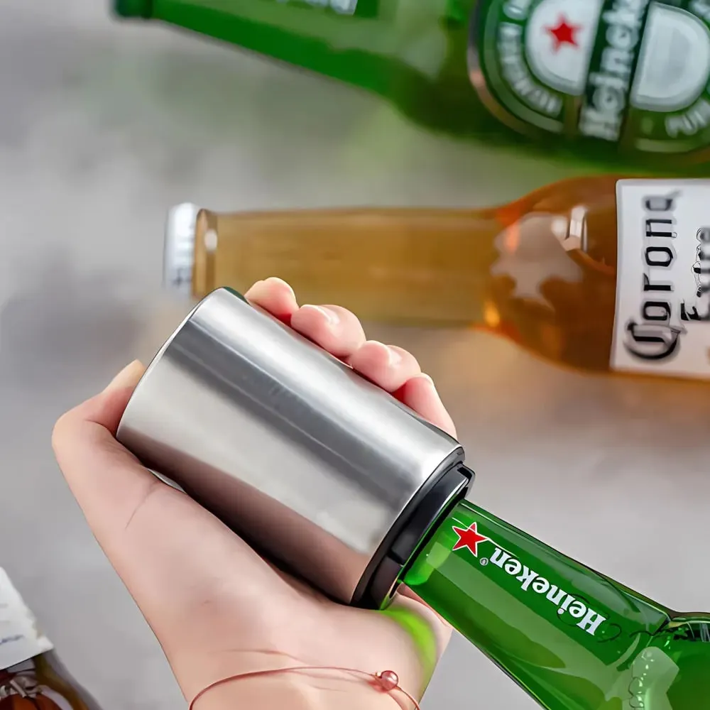 Apribottiglie automatico per birra Apriscatole a pressione in acciaio inossidabile per magnete Birra Soda Cap Bar Accessori da cucina per feste — image 1