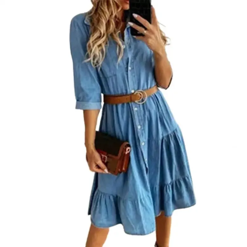 Vestido vaquero de manga tres cuartos con cinturón, cuello vuelto, botones de primavera y otoño, vestidos vaqueros con volantes para mujer 2025