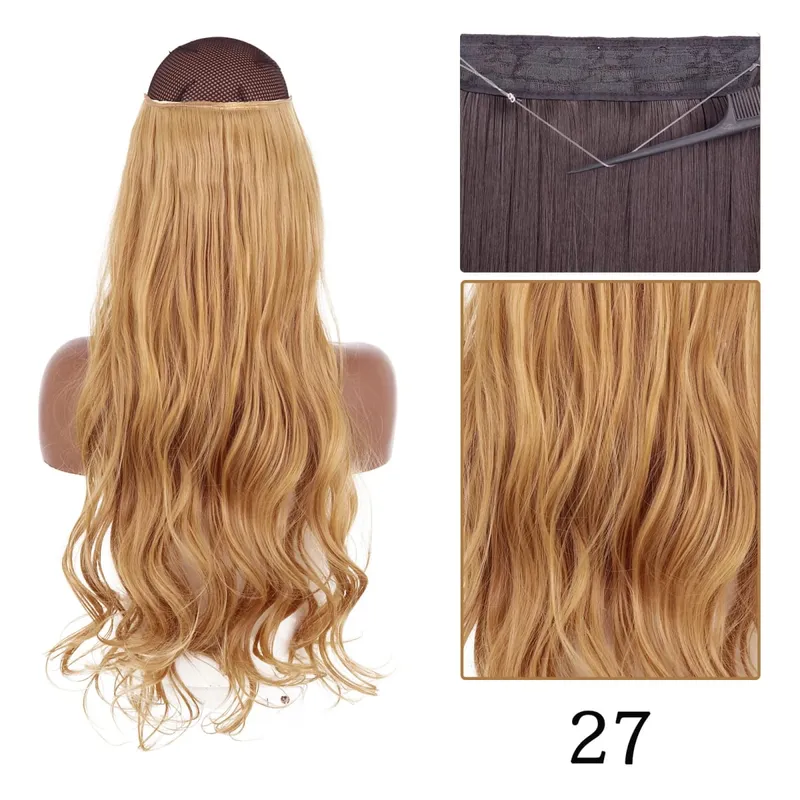 Estensioni dei capelli sintetiche senza clip regolabili con linea di pesce, parrucchino naturale biondo marrone ondulato lungo resistente al calore per le donne — image 20