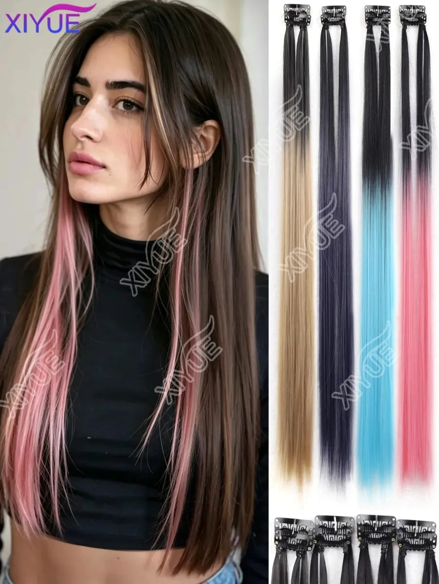 XY Hair Extensions 2 stks/pak Rechte Extensions Multi-Kleuren Hoogtepunten Synthetisch haar Regenboog Haarstukjes voor Meisjes Halloween — image 2