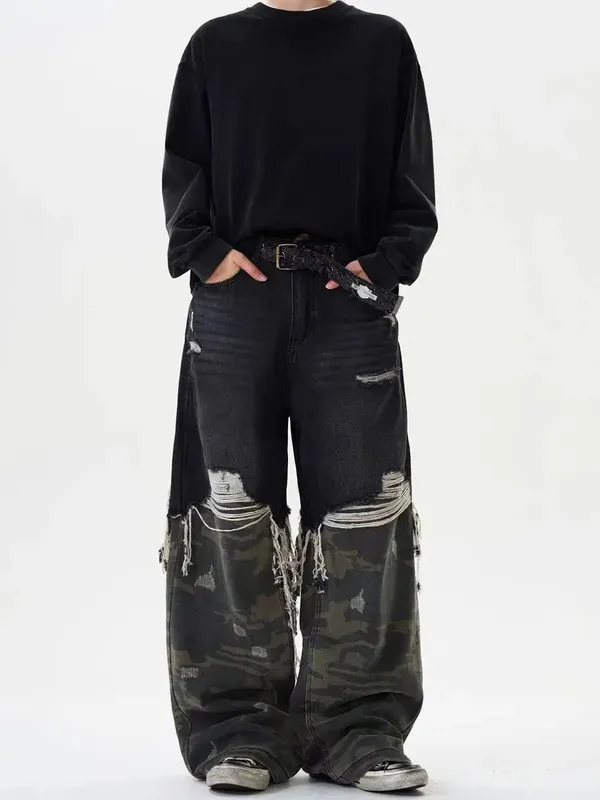 Street Patchwork Ripped Camouflage กางเกงยีนส์ Baggy ปลอม 2 ชิ้นล้างกางเกงยีนส์ Vintage Y2K Camo Cargo Straight Jean Man — image 11