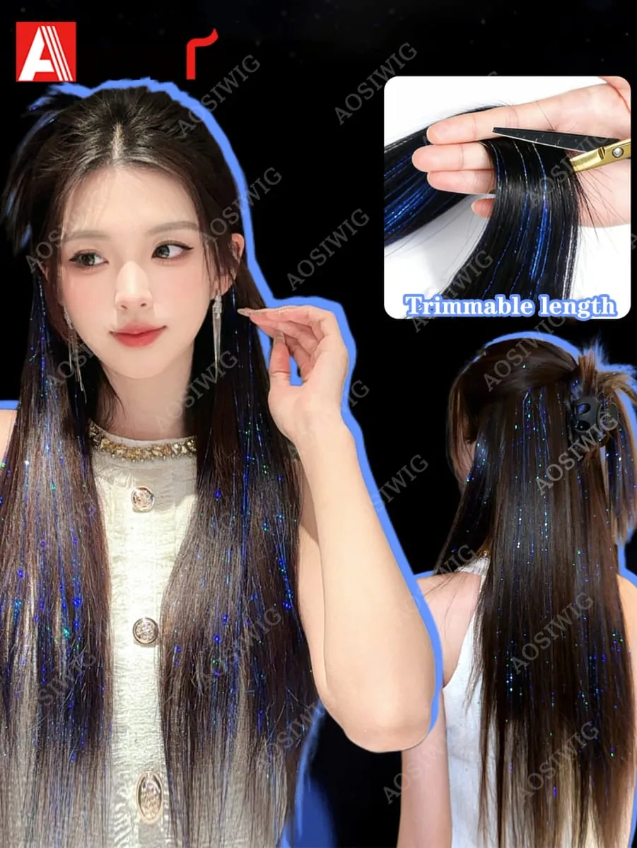 Blaue Glitzer-Lametta-Clip-in-Haarverlängerungen, einteiliges, glattes synthetisches Haarteil mit glitzernden Strähnen für Frauen, Partys und den Alltag — image 6