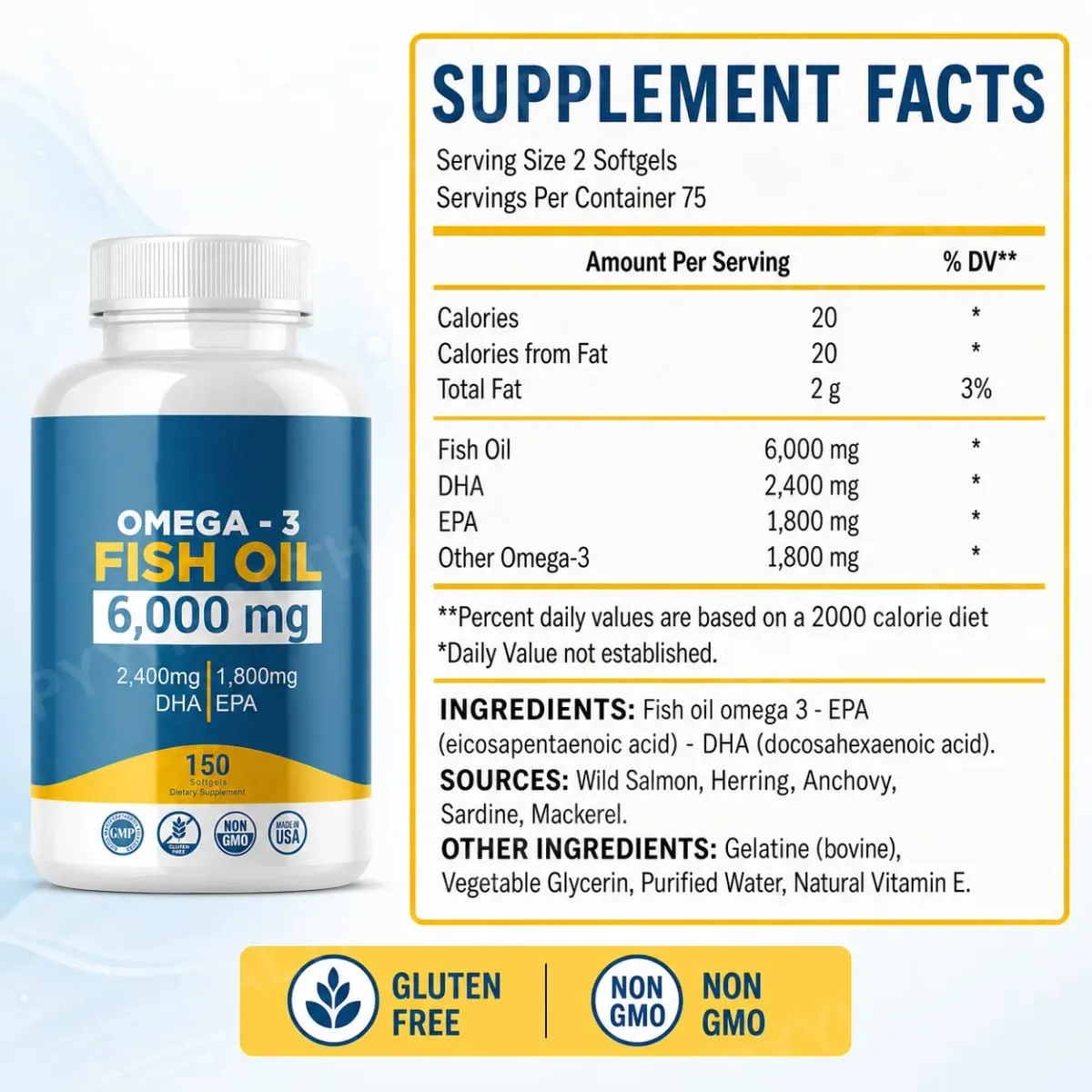 Omega-3 Olio di pesce 6000 mg Capsule molli Alto DHA Formula EPA 2400 mg DHA 1800 mg EPA Non OGM 150 capsule Cuore Cervello Supporto nutrizionale — image 5