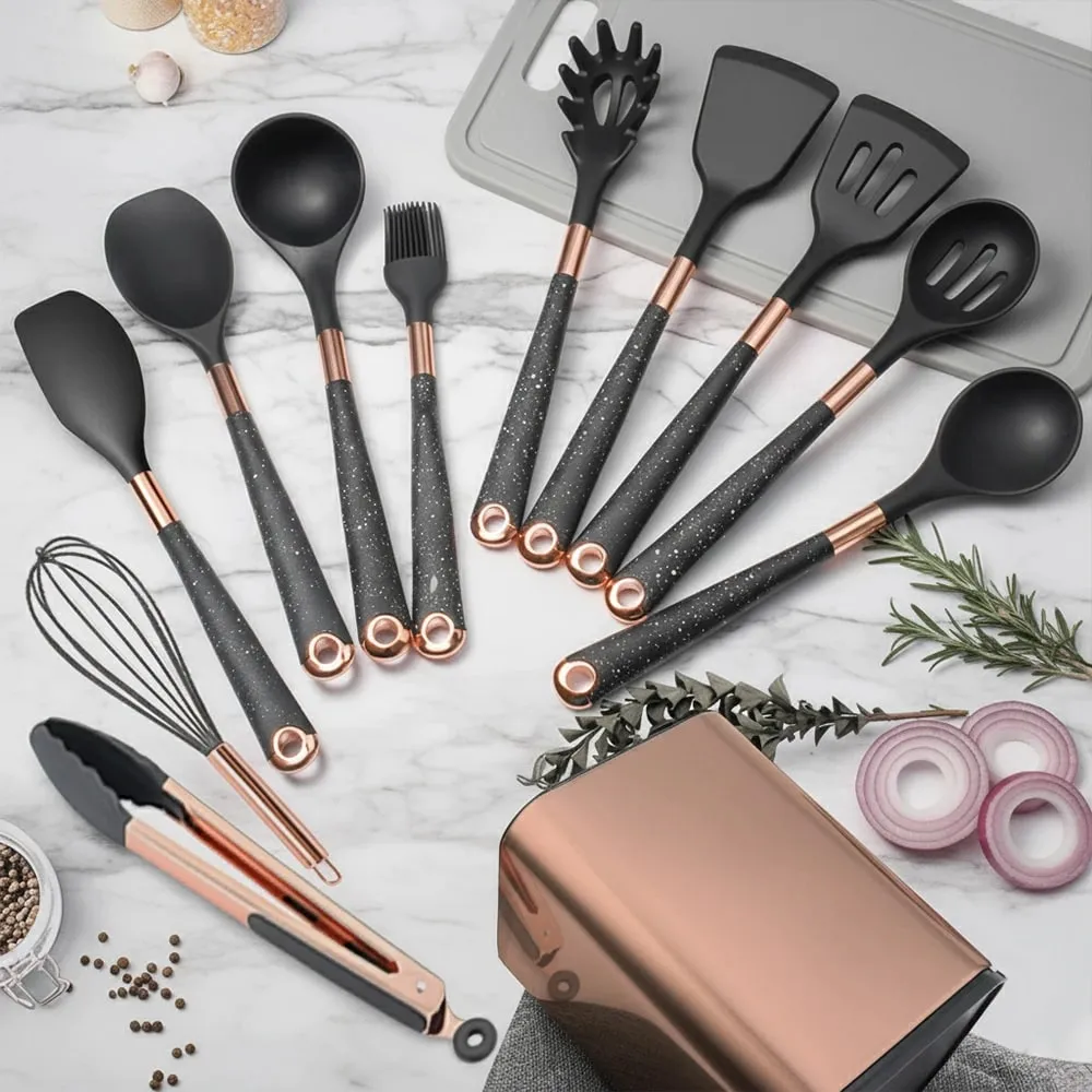Silikone køkkenredskaber sæt non-stick non-stick varmebestandig spatel ske rose guld håndtag med spand Køkken gave — image 3