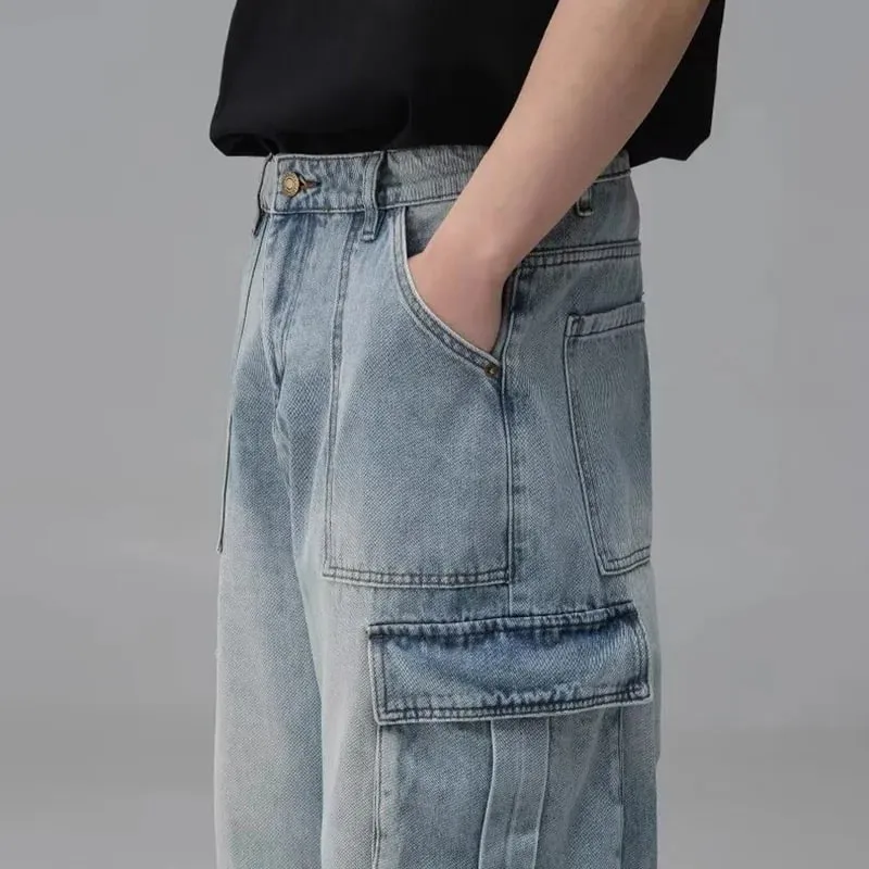 Mænds forår og sommer arbejdstøj design jeans med flere lommer Retrovaskede japanske og koreanske fritidsbukser Løse bukser med brede ben — image 4