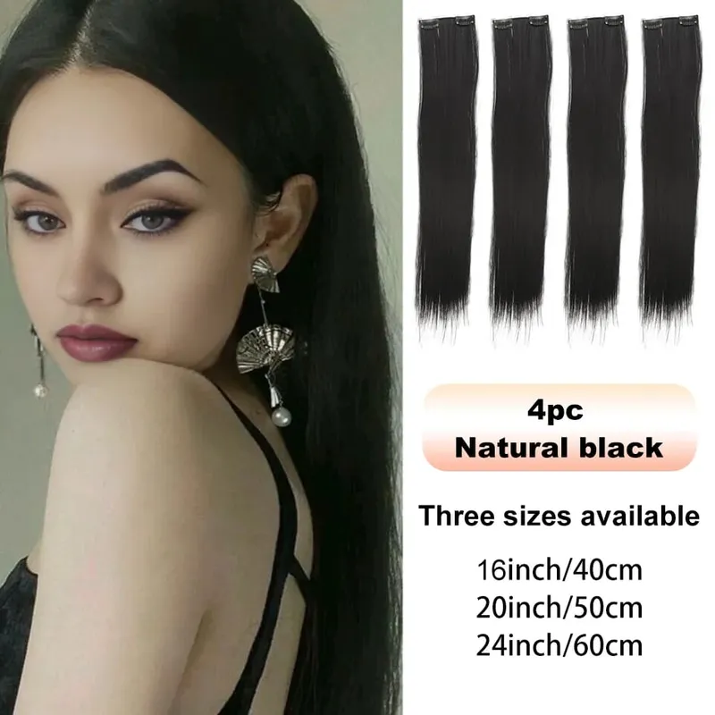 4pc Synthetic Women's 16inch/20inch/24inch Four Piece Straight Hair Extensions Black/Brown Wig Suitable for Daily Wear