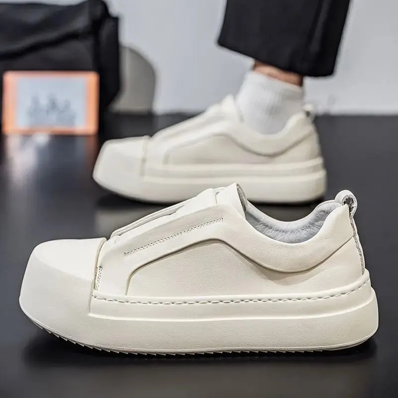 Retro Brown PU Leather Men's Shoes Lightweight Platform Elastic Band Casual Sneakers Fashion Street Walking Shoes High Quality — image 8