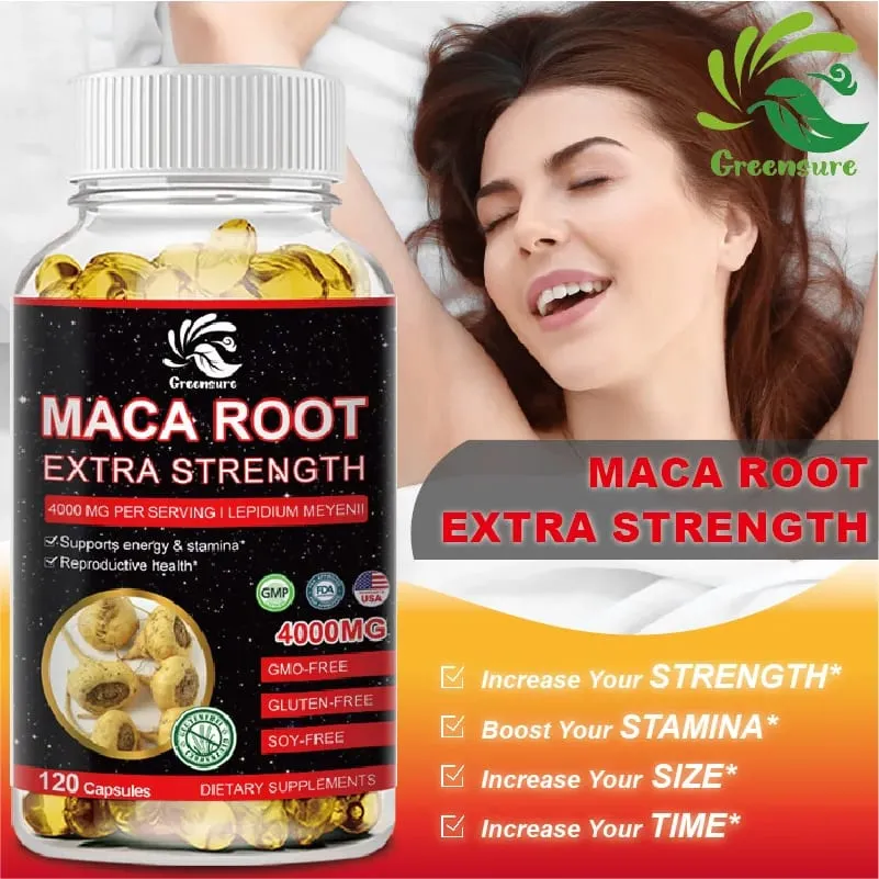 Greensure Organic Maca Root Powder Capsules 4000 มก. พร้อมอาหารเสริมสารสกัดจากราก Maca สำหรับผู้ชายและผู้หญิง — image 1