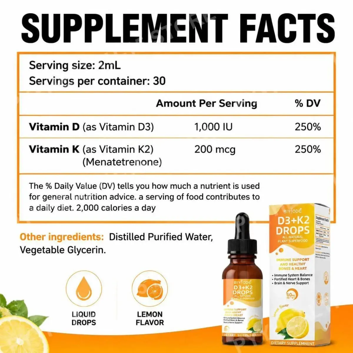 Vitamine D3 K2 Gouttes liquides Absorption du calcium et soutien osseux 1000 UI D3 au goût de citron K2 60 ml 30 portions — image 3