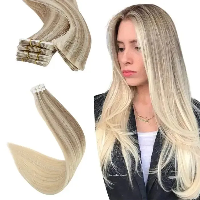 [12 เดือน] ที่มองไม่เห็นเทปฉีดต่อผม Virgin Hair สีขาวสีบลอนด์ 10A คุณภาพ Long Uselife