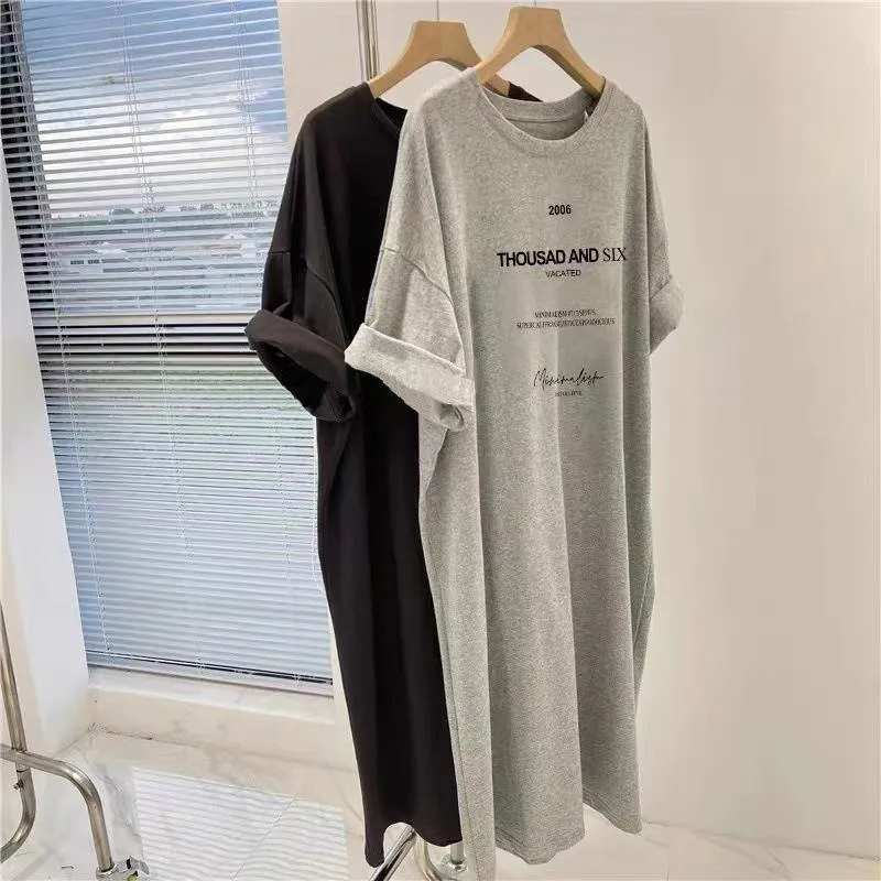 Abiti a maniche corte Abito estivo da donna taglie forti Abito t-shirt di media lunghezza Abito lungo casual al ginocchio — image 1