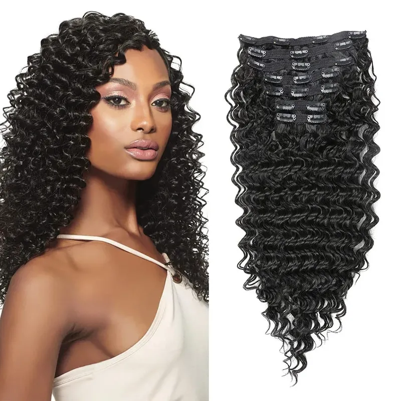 Extension synthétique à Clip pour femmes, Extension de tête complète, longue, crépue et bouclée, faux cheveux, épingle à cheveux noire et brune pour femmes — image 14