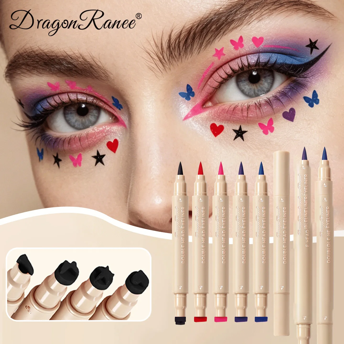 Dobbelt hoved stempel flydende eyeliner Smudsikker hurtigtørrende vandtæt 2 i 1 farverig kærlighedsstjerne sommerfugl øjenlinje blyant makeup