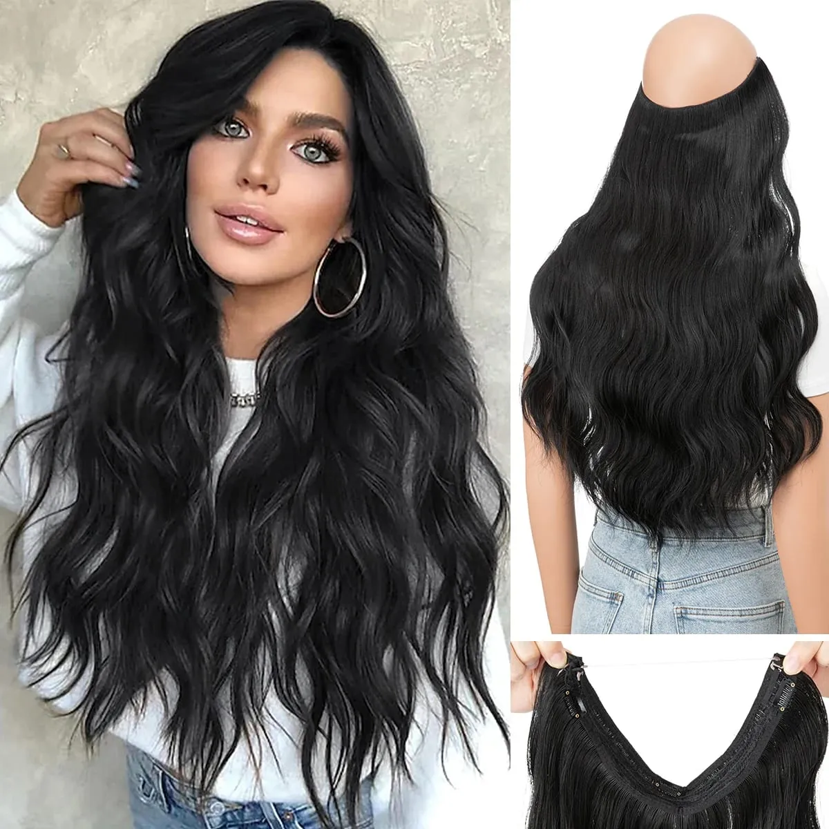 Extensions capillaires synthétiques ondulées invisibles, ligne de poisson ombrée, Blonde naturelle, postiche une pièce, faux cheveux — image 1